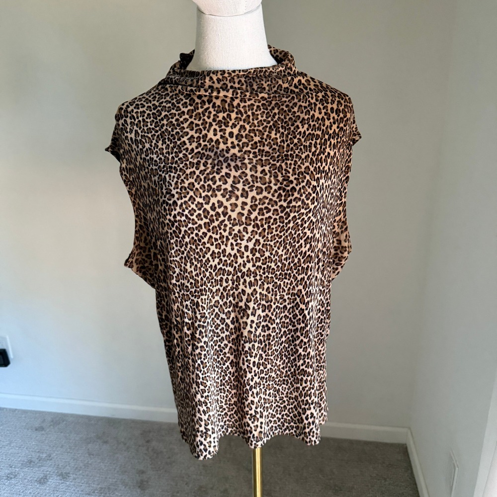 Vintage Sleeveless Mock Roll‎ Neck Cheetah Leopard Print Blouse Top Medium Large